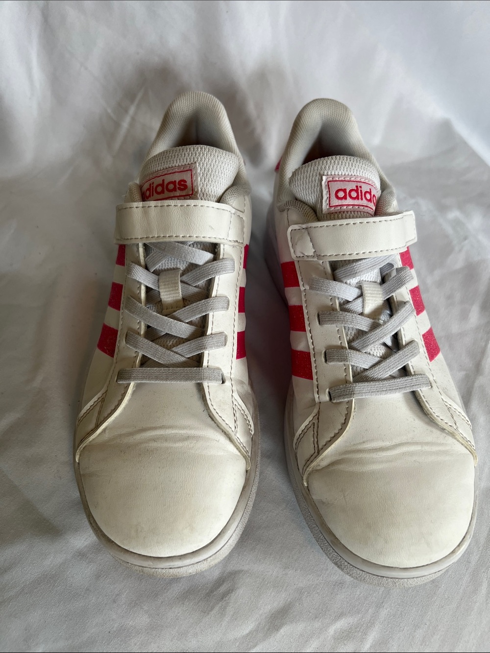 adidas Kids White Sneakers with Pink Stripes Used Good Condition